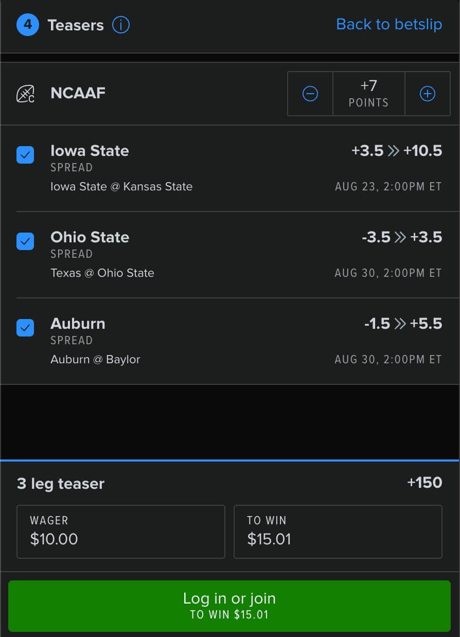 Placing a teaser bet at FanDuel Sportsbook.